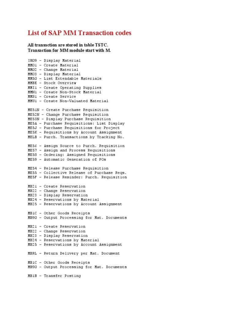 List of SAP MM Transaction codes