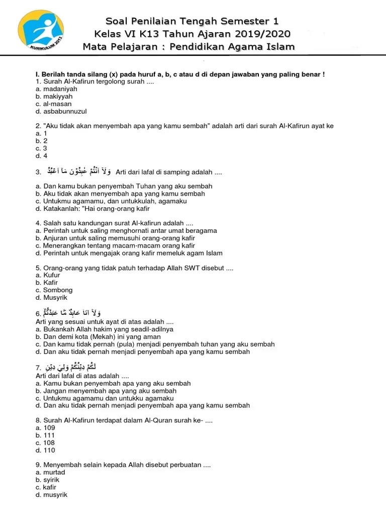 Soal PTS-UTS PAI Kelas 6 Semester 1 2019-2020-1 | PDF