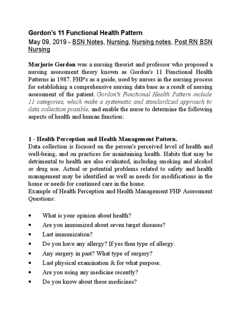 Gordons 11 Functional Health Pattern PDF Nursing Perception