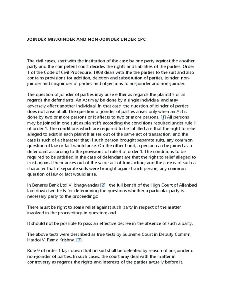 Joinder Misjoinder and Non Joinder PDF Lawsuit Joinder
