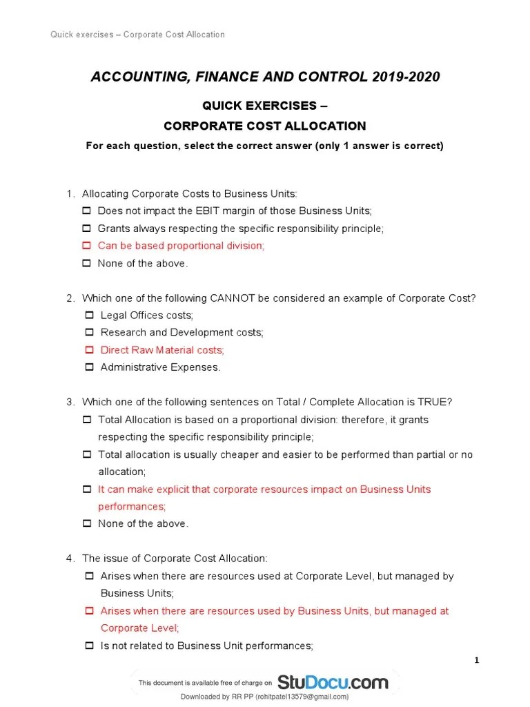 Quick Exercises Corporate Cost Allocation PDF Business Economics