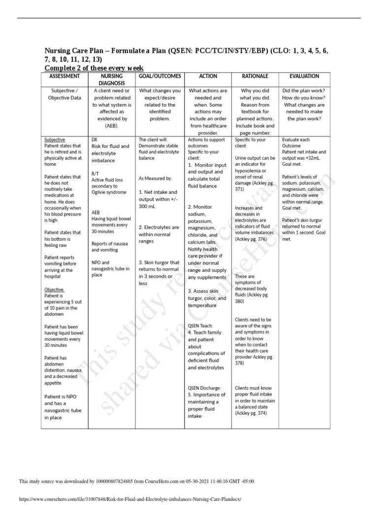 Risk For Fluid and Electrolyte Imbalances Nursing Care Plan PDF