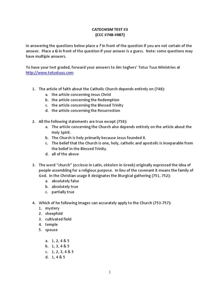 Catechism Test 3 PDF Catholic Church Eucharist