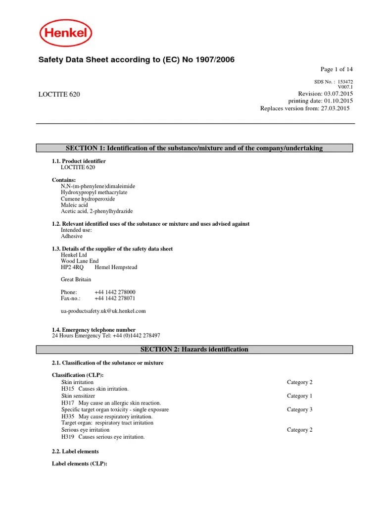 Safety Data Sheet According To (EC) No 1907/2006 Loctite 620 PDF