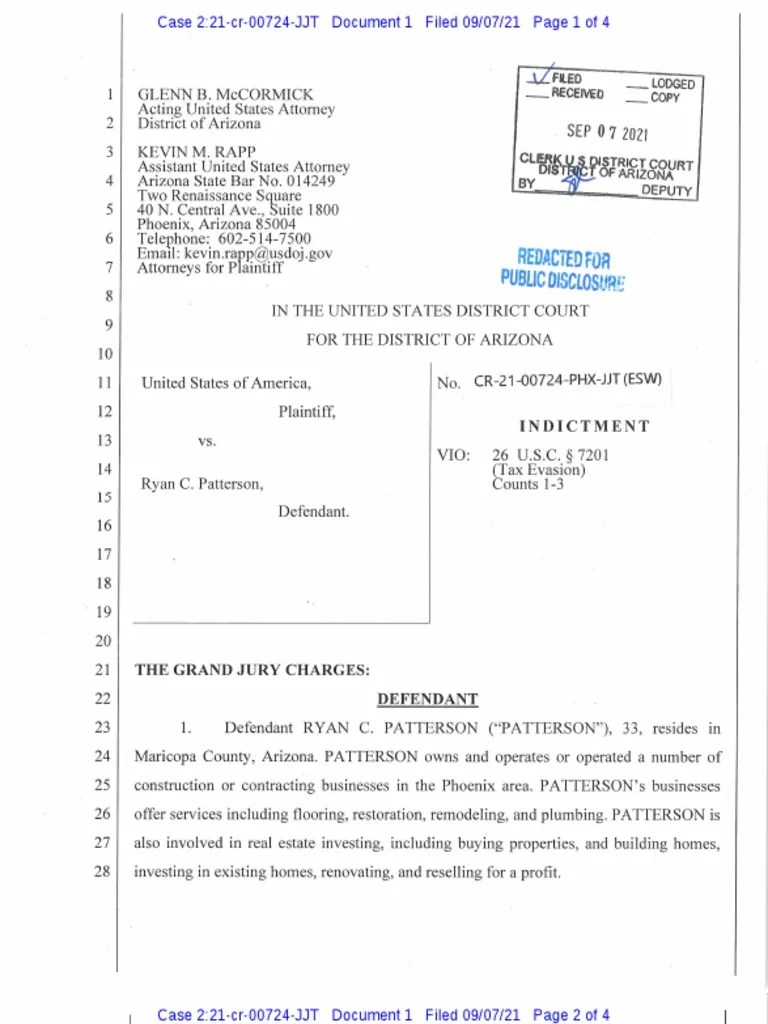 Patterson Ryan Indictment 090721 PDF Tax Return (United States) Taxes