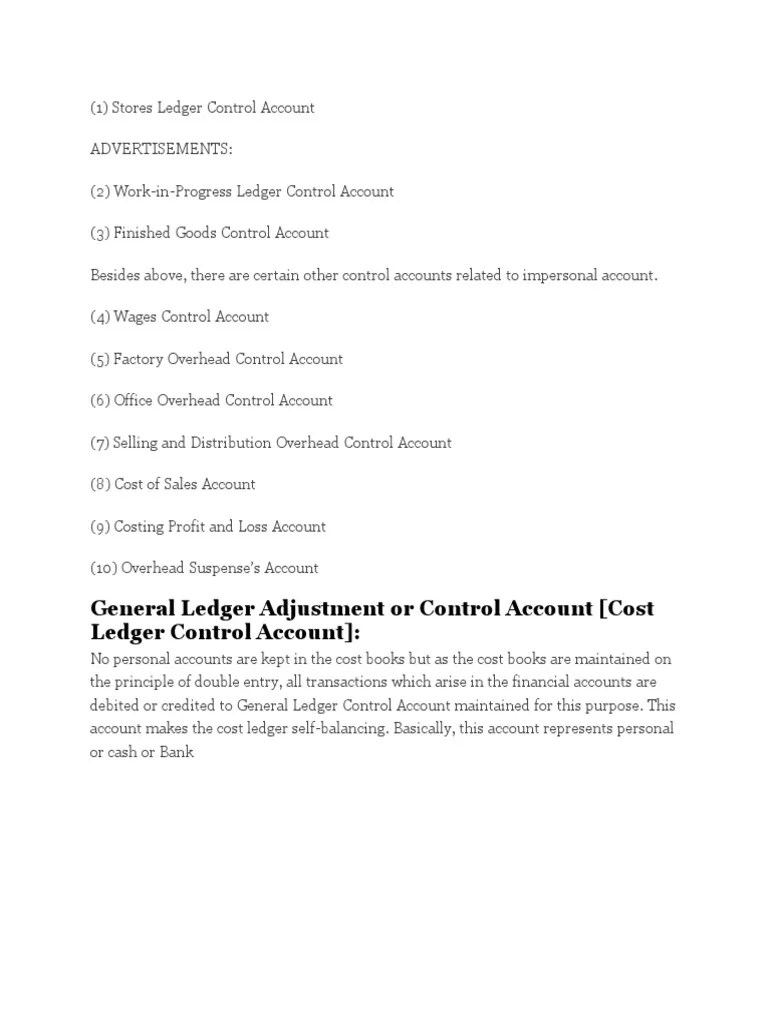 Costing Ledger Control Account PDF Debits And Credits Cost Of