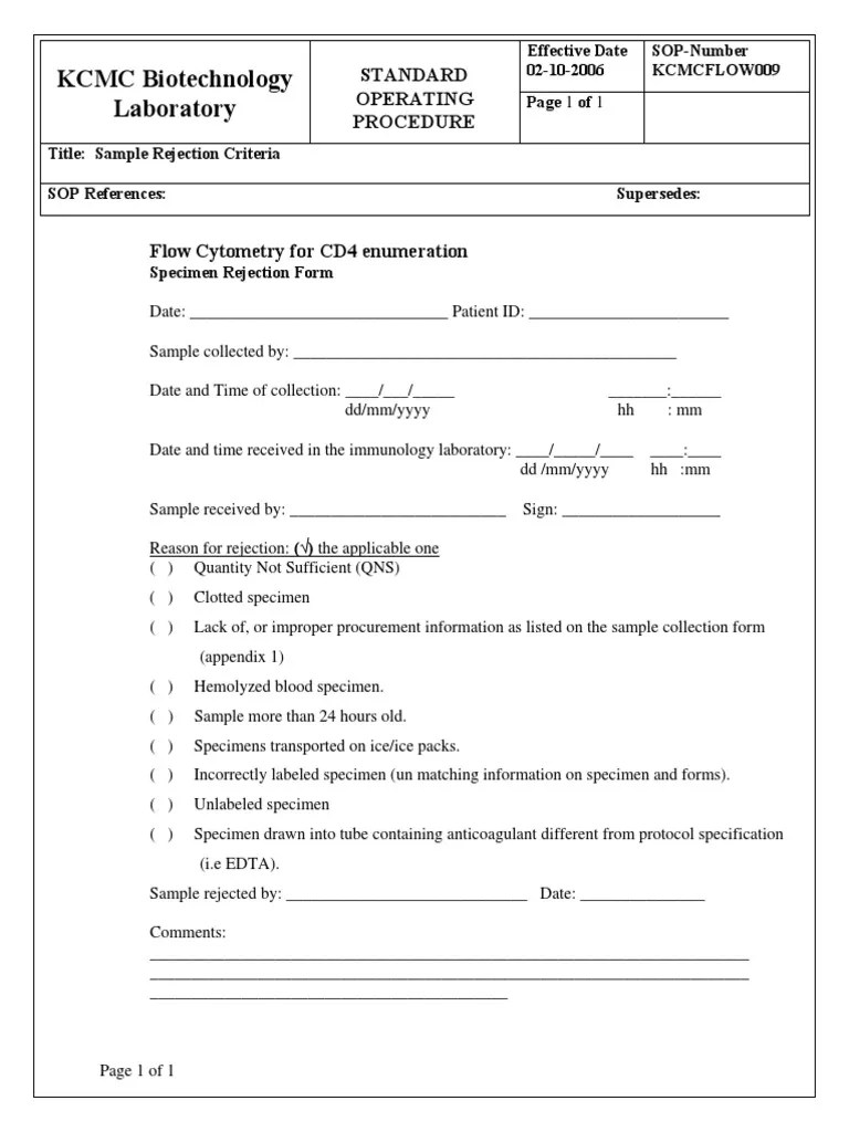 Specimen Rejection Criteria PDF