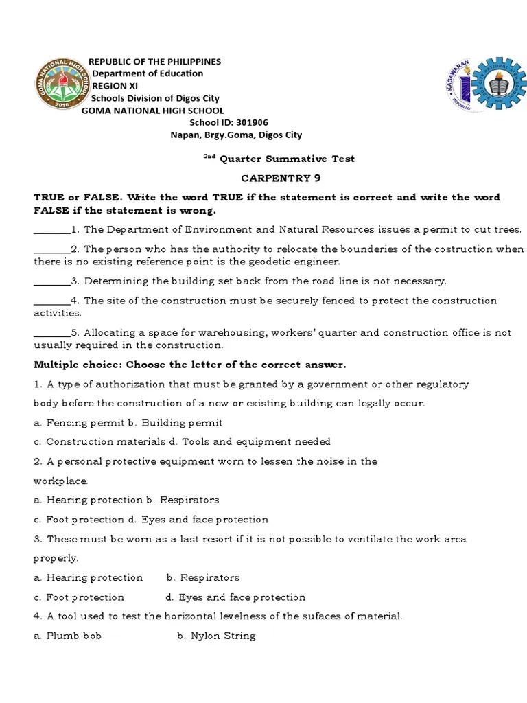 Carpentry 9 Summative Test | PDF | Wood | Lumber