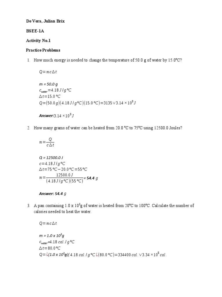 Calorimetry Practice Problem (Answer Solution) de Vera PDF Calorie