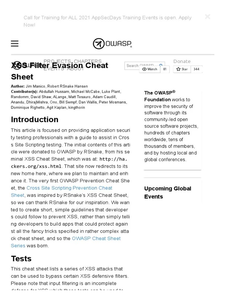 XSS Filter Evasion Cheat Sheet OWASP PDF Html Element Java Script