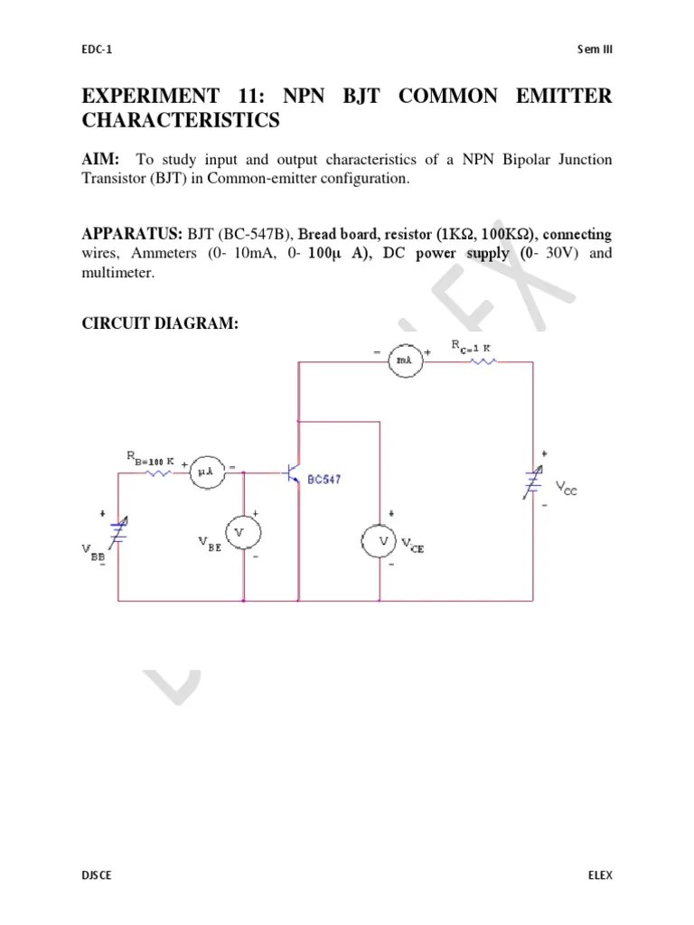 Experiment 11 NPN BJT Common Emitter Characteristics PDF Bipolar Junction Transistor