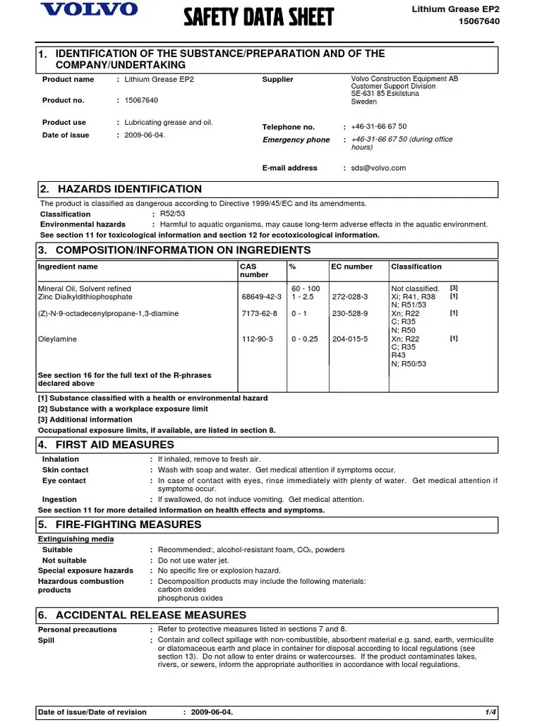 MSDS Lithium Grease EP2 PDF Water Safety