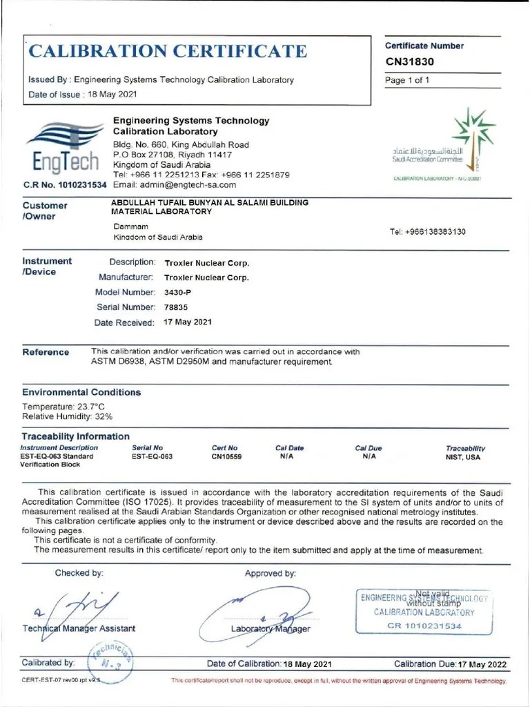 Troxler Calibration Certificate PDF