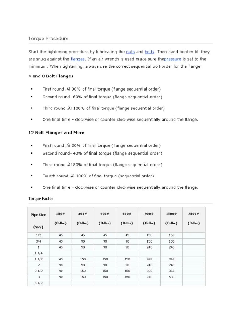 Torque Procedure 4 and 8 Bolt Flanges PDF Nut (Hardware) Tools