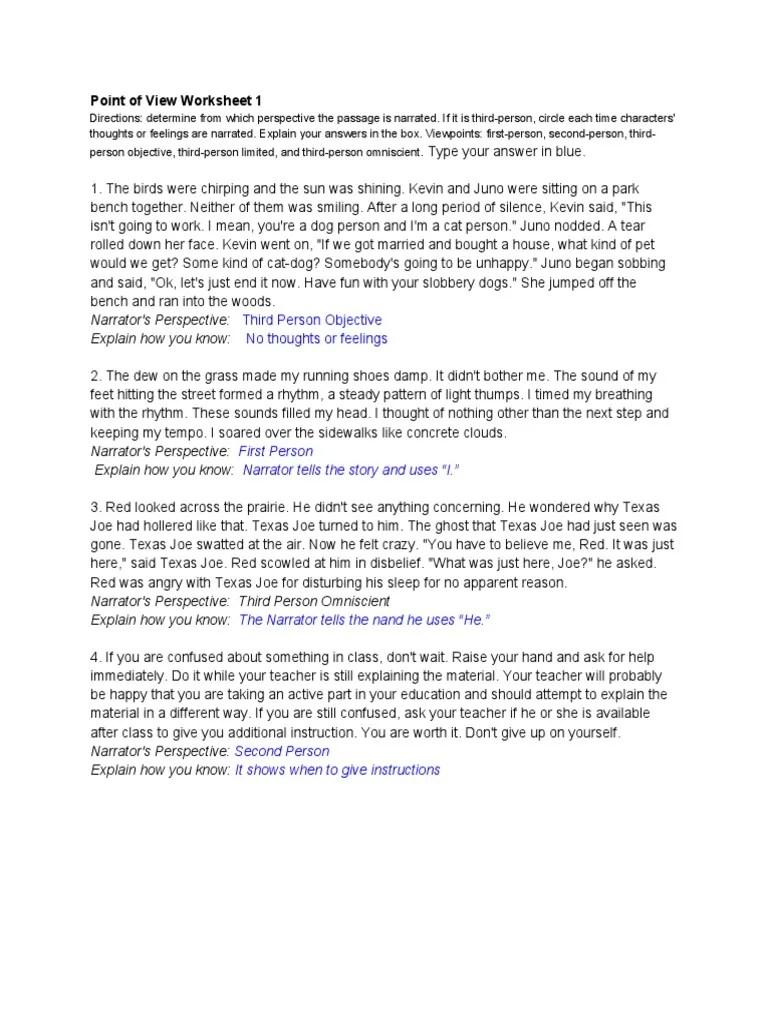 Point of View Worksheet 1: Narrator's Perspective: Explain How You Know