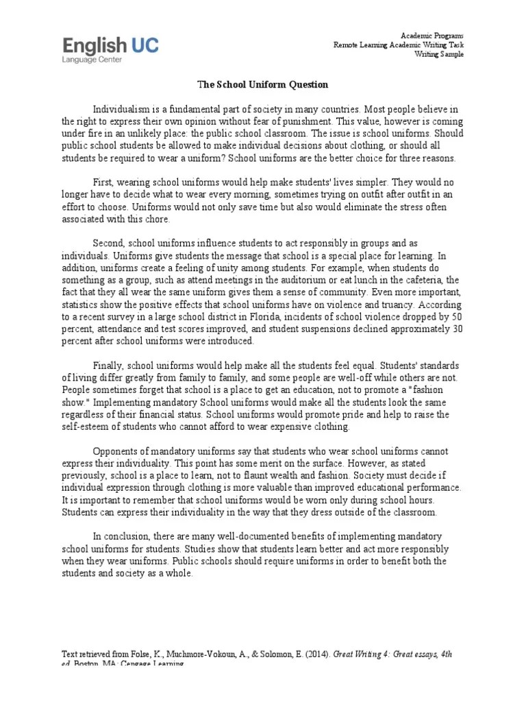 FOR STUDENTS Writing Sample The School Uniform Question PDF