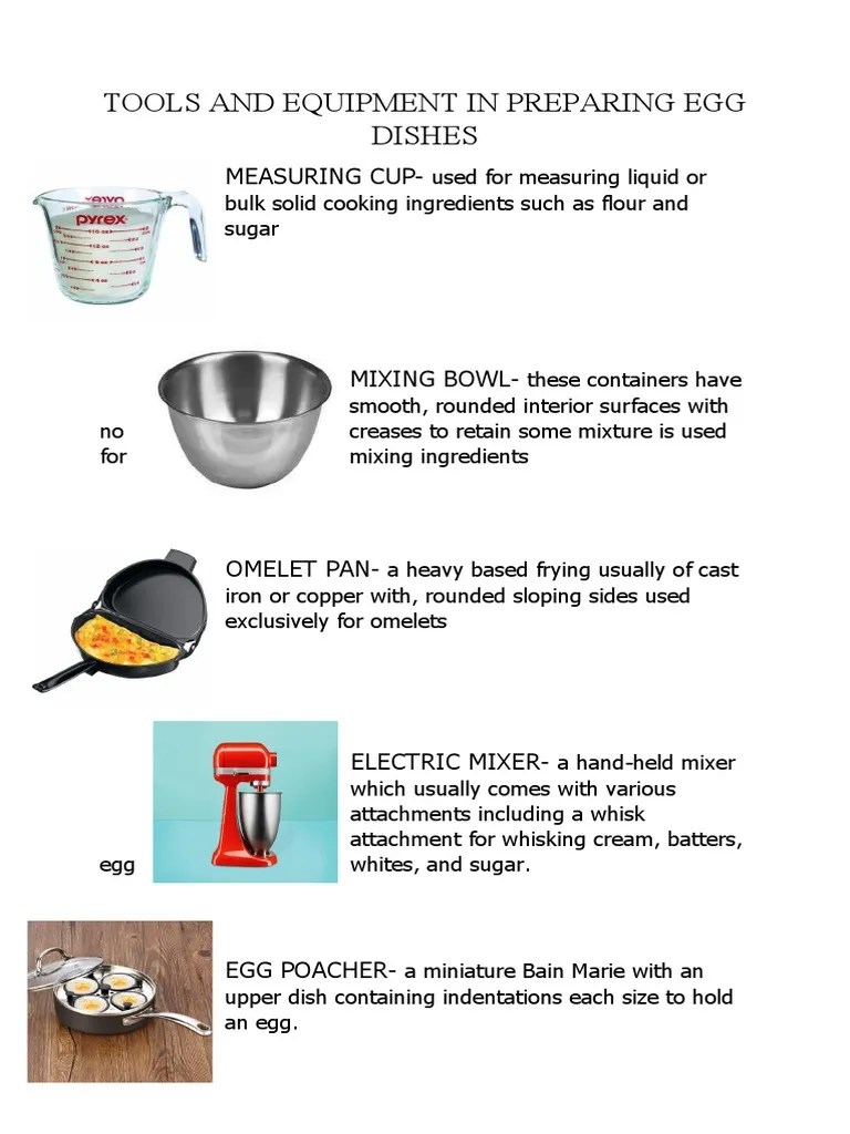 Tools and Equipment in Preparing Egg Dishes PDF Pasta Kitchen Utensil
