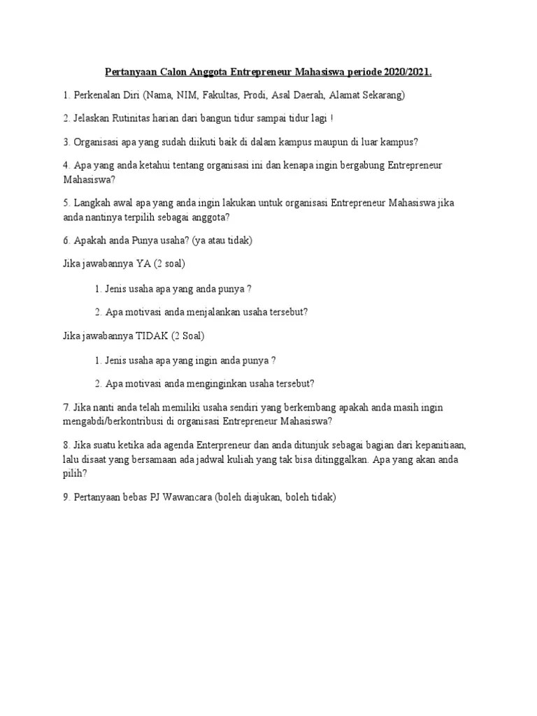 Pertanyaan Wawancara UKM EM 2020 | PDF