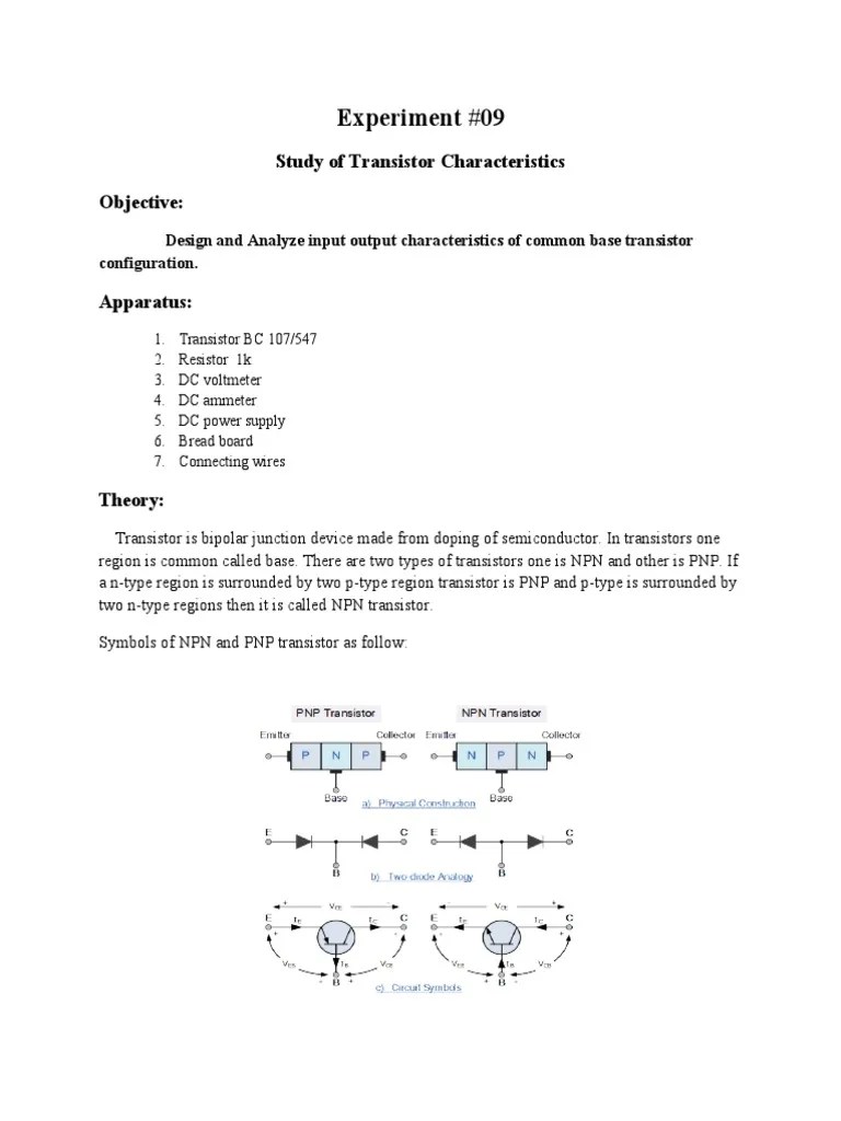Experiment 09 Study of Transistor Characteristics Objective Download Free PDF Bipolar