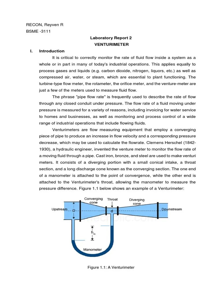 Laboratory Report 2 Venturimeter I PDF Flow Measurement Fluid