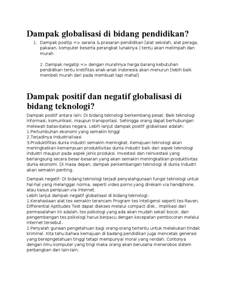 Dampak Positif Globalisasi Di Bidang Pendidikan Tersebut Adalah