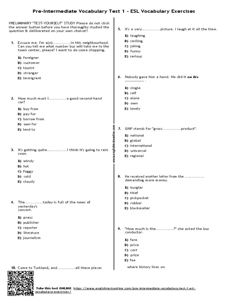 PreIntermediate Vocabulary Test 1 ESL Vocabulary Exercises PDF