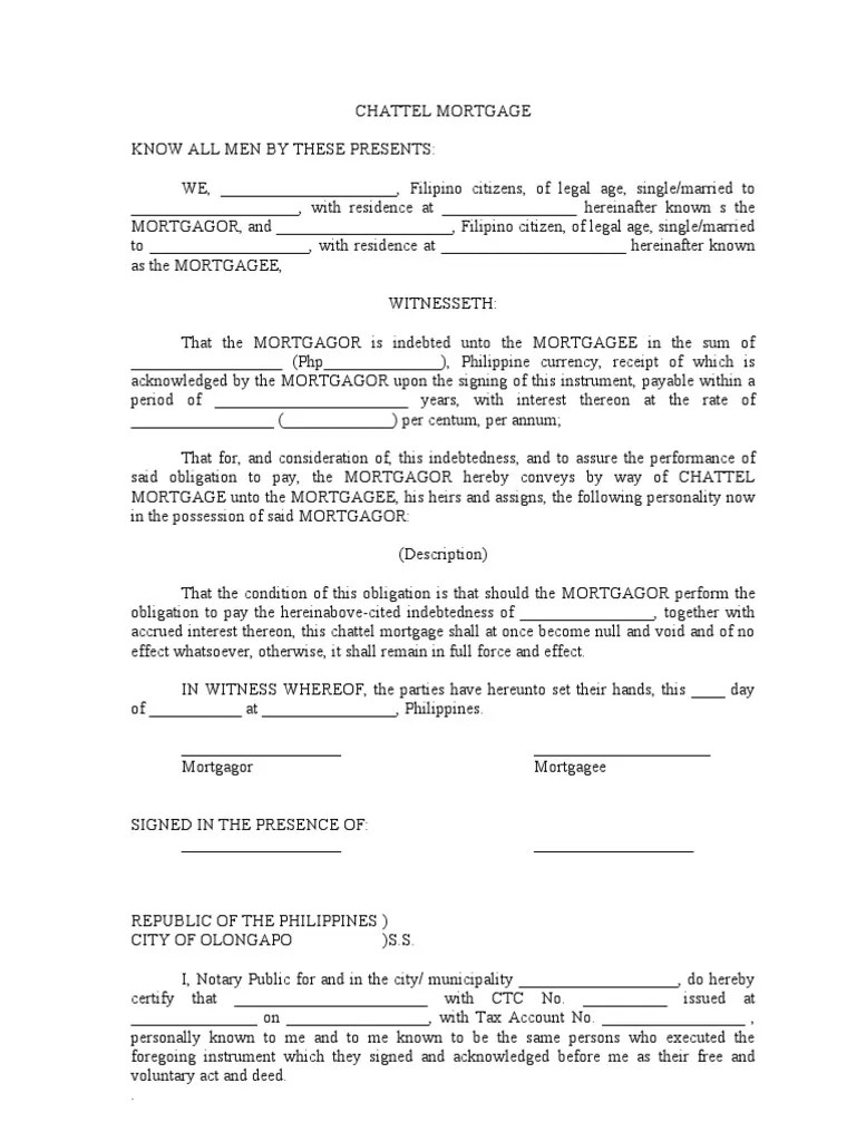 CHATTEL MORTGAGE SAMPLE Mortgage Law Civil Law (Legal System)