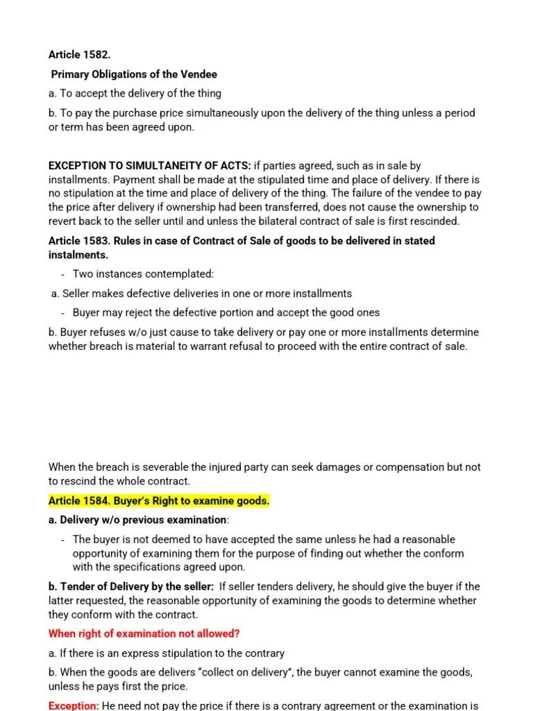 Article 1582. Primary Obligations of The Vendee PDF Breach Of