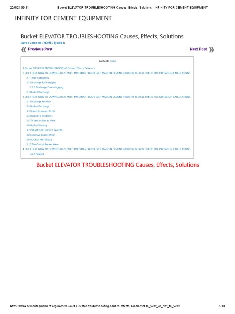 Bucket ELEVATOR TROUBLESHOOTING Causes, Effects, Solutions INFINITY
