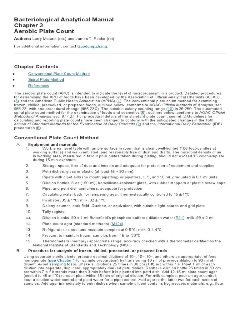 Bacteriological Analytical Manual Aerobic Plate Count Chapter Contents