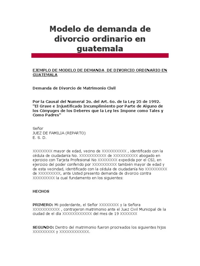 Modelos de demanda de divorcio ordinario en Guatemala PDF Divorcio Matrimonio, Sindicatos