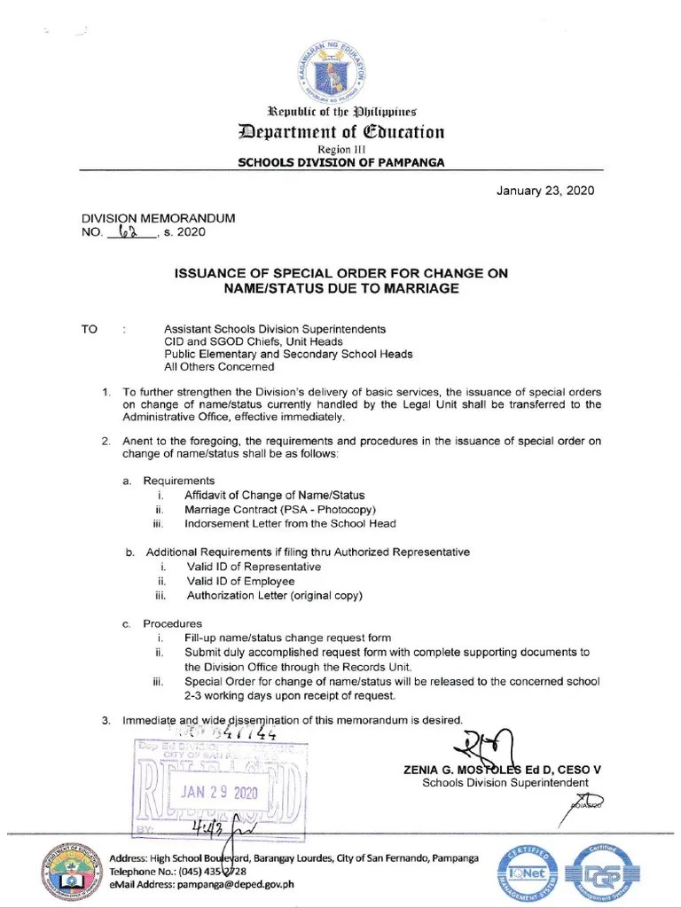 Indorsement Letter Sample For Change of Status PDF