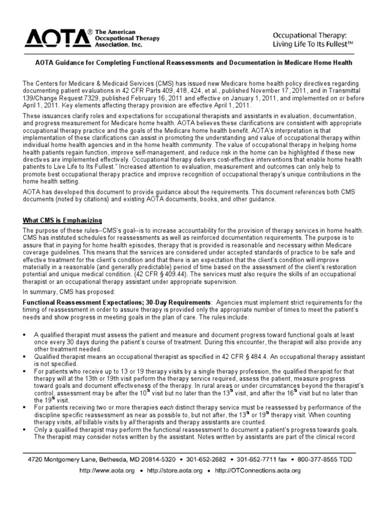 AOTA New Guidelines For Functional Reassessments Ad Documentation in Home Health PDF