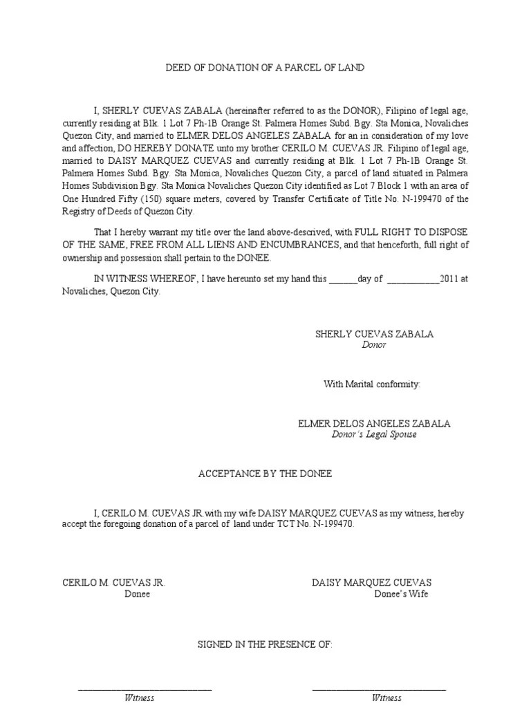 DEED OF DONATION OF A PARCEL OF LAND Property Land Law