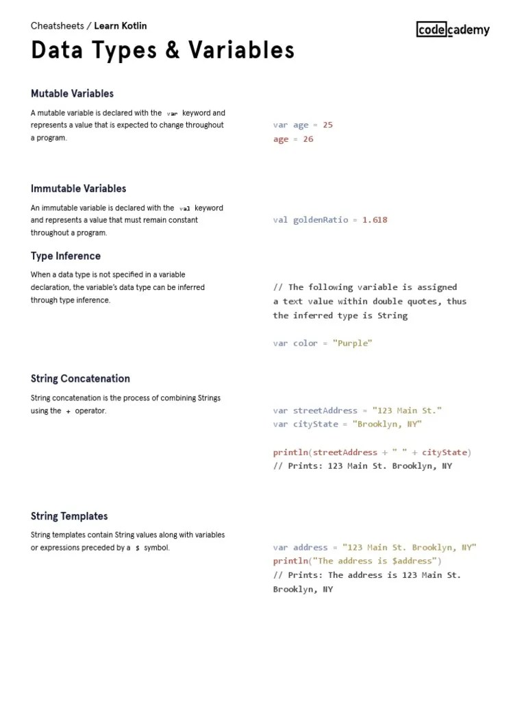 Learn Kotlin Data Types & Variables Cheatsheet Codecademy PDF