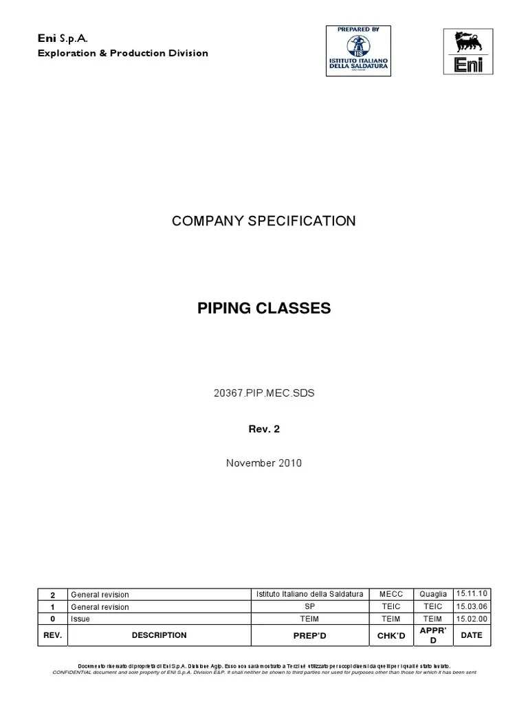 Piping Classes Company Specification PDF Pipe (Fluid Conveyance