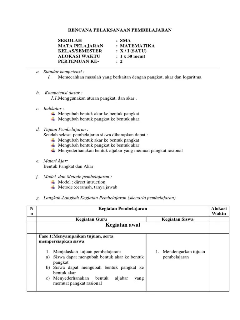 RPP Bentuk Pangkat Dan Akar PDF Free | PDF