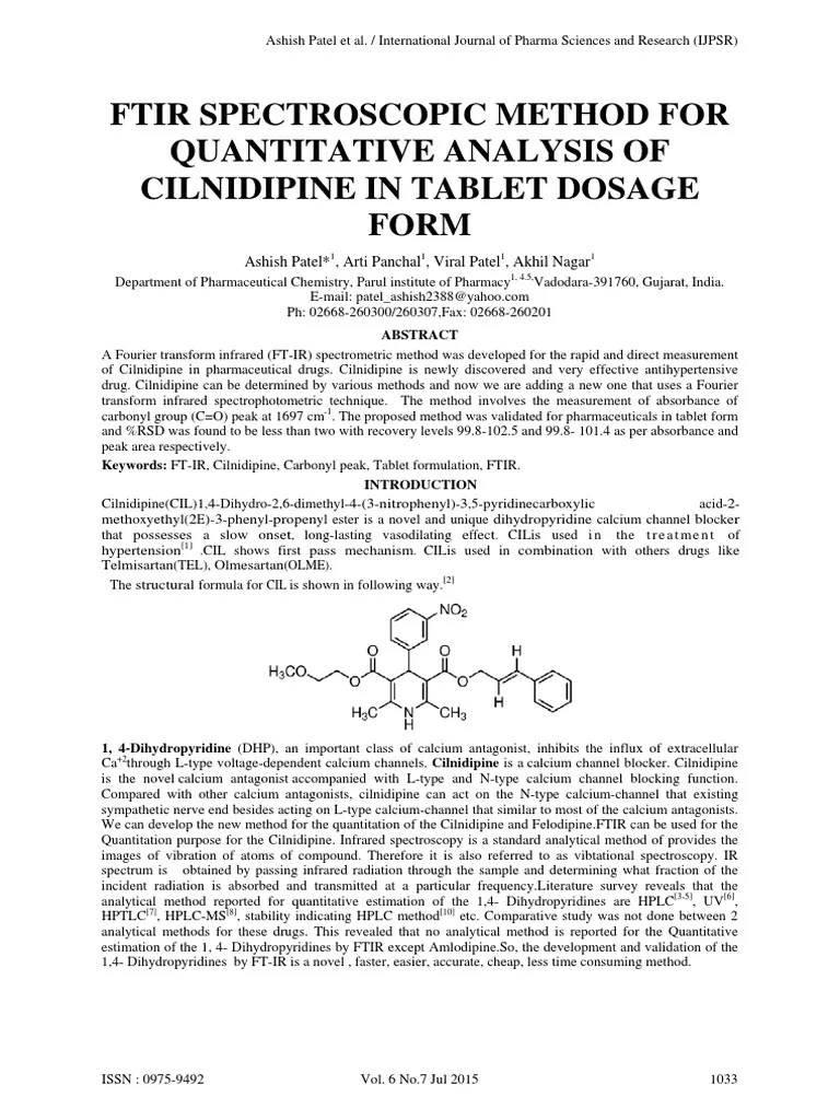 Ftir Spectroscopic Method For Quantitative Analysis of Cilnidipine in