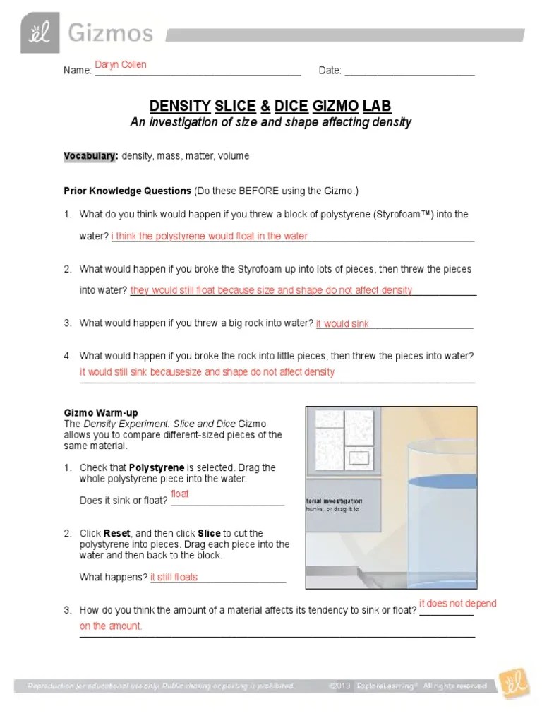 Density Slice & Dice Gizmo Lab PDF Density Quantity