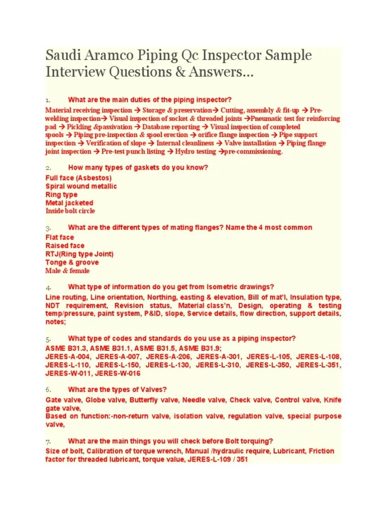 Saudi Aramco Piping QC Inspector Sample Interview Questions & Answers.. PDF Pipe (Fluid