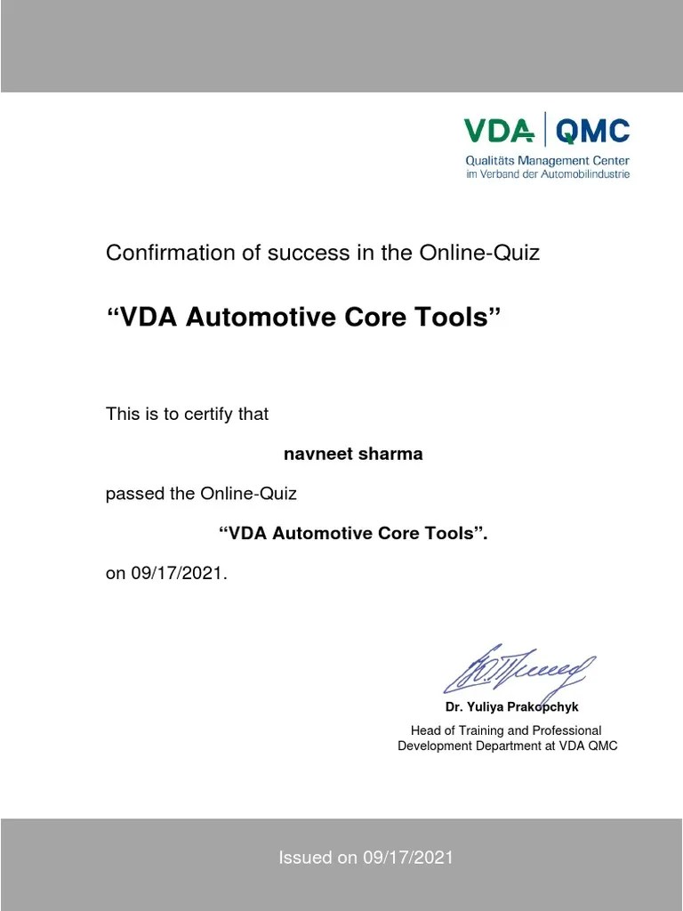"VDA Automotive Core Tools" Confirmation of Success in The OnlineQuiz