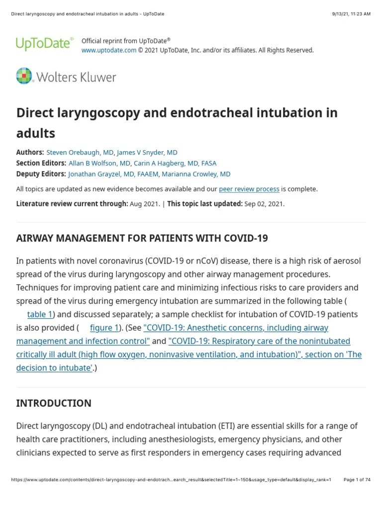 Direct Laryngoscopy and Endotracheal Intubation in Adults UpToDate