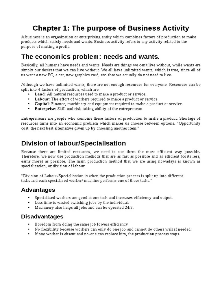 Chapter 1 The Purpose of Business Activity The Economics Problem