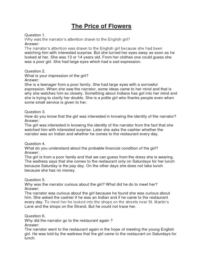 The Price of Flowers Notes PDF Teachers