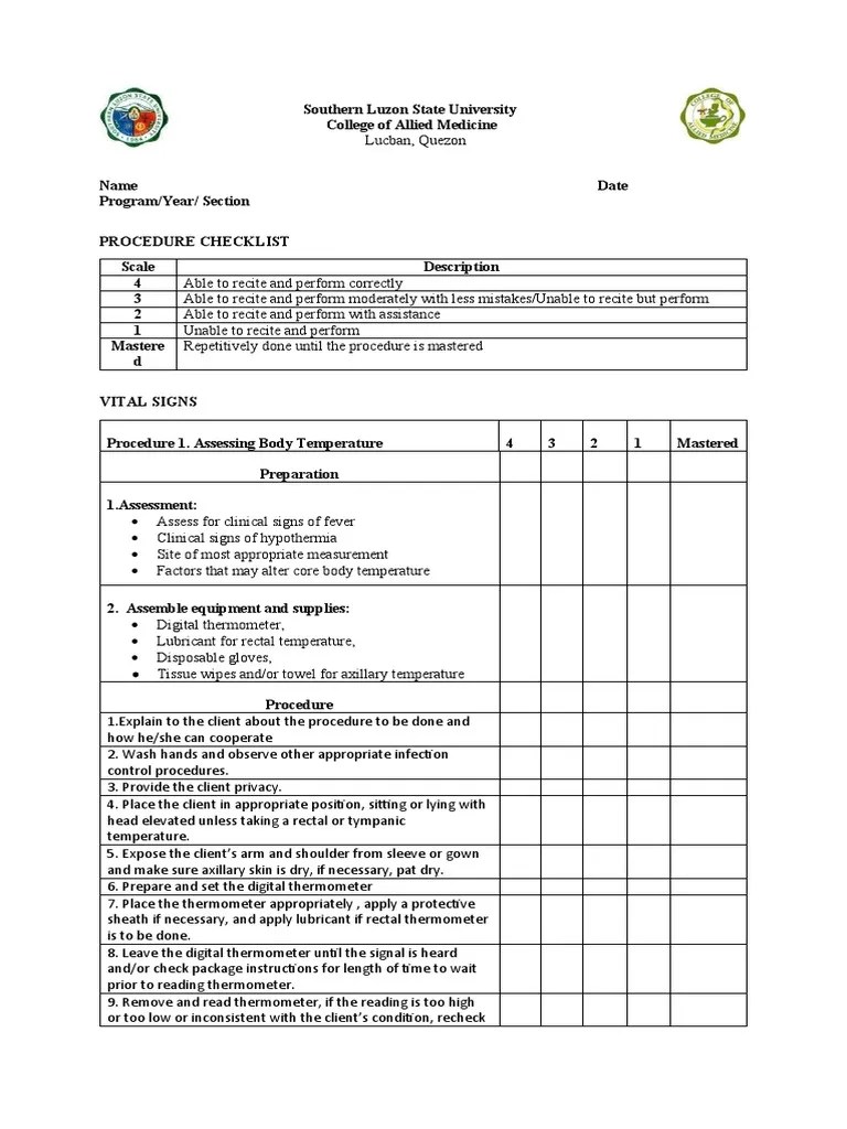 VITAL SIGNS TPR BP PROCEDURE Checklist PDF Pulse Breathing