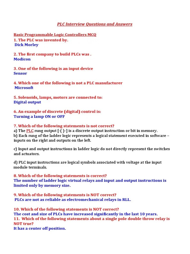 PLC Interview Questions and Answers PDF Programmable Logic