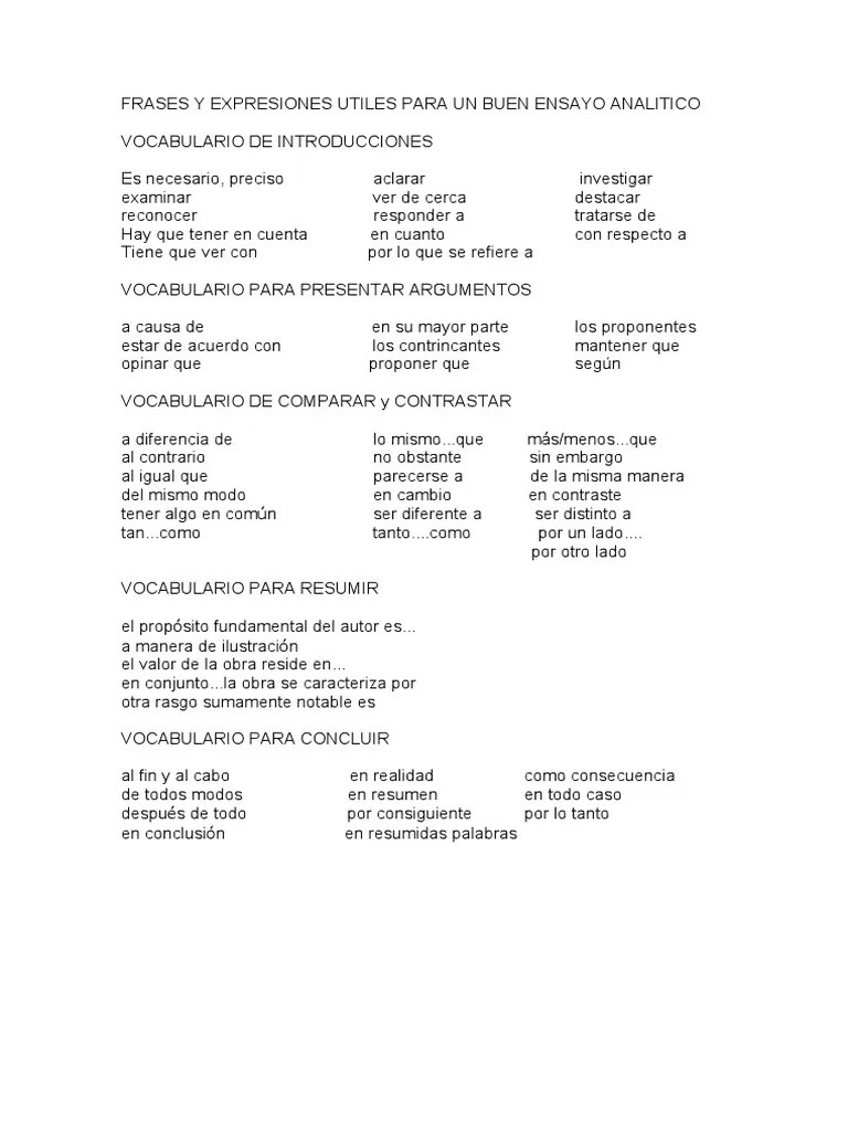 FRASES Y EXPRESIONES UTILES PARA UN BUEN ENSAYO ANALITICO