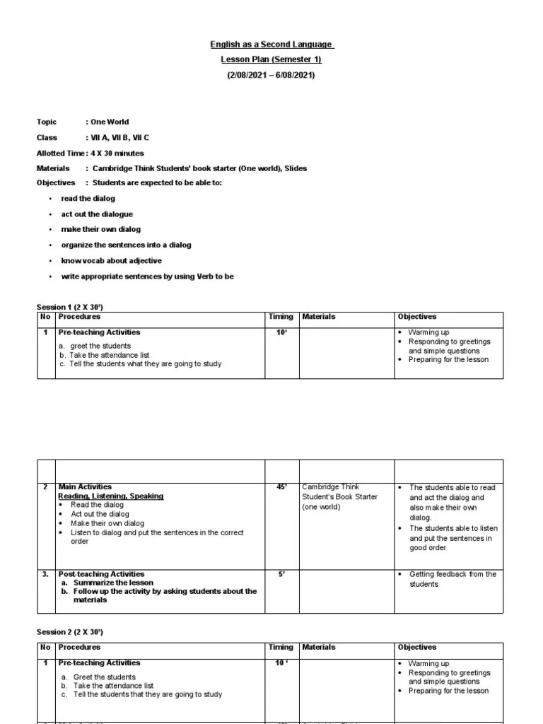 Lesson Plan Grade 7 PDF English As A Second Or Foreign Language