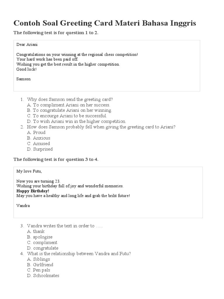 Contoh Soal Greeting Card Materi Bahasa Inggris | PDF