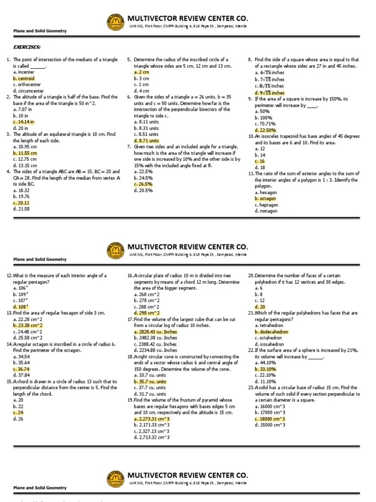 Multivector Review Center Co. Exercises PDF Triangle Area